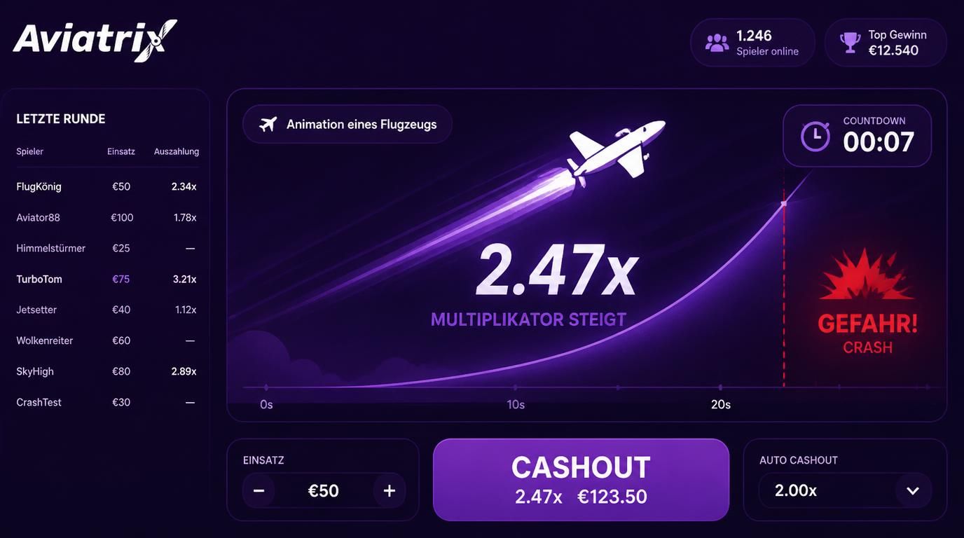 Flugzeug, Multiplikator und Cashout-Button in Aktion